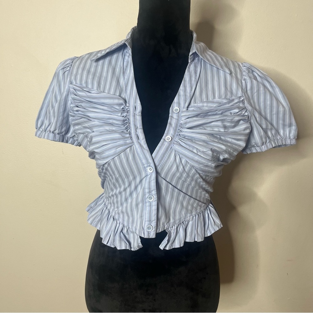 Soote Season Women’s Blue White Gray Striped V~Neck Button Up Ruched Top Sz M
